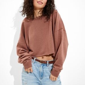 Aerie | AE Fleece Cropped Crew Neck Sweatshirt in Rust Brown